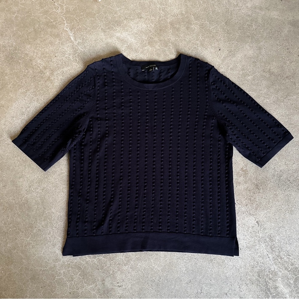 Ann Taylor Navy Textured Short Sleeve Top